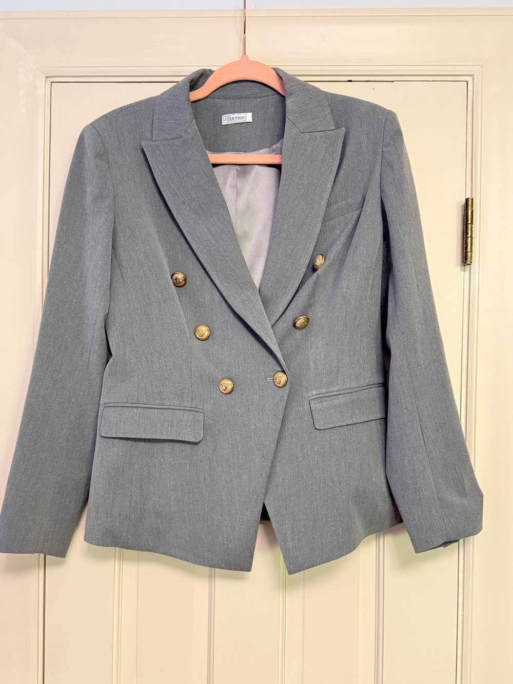 LILYSILK Gray Double Breasted Blazer Gold Buttons Silk Lined Size Large/12